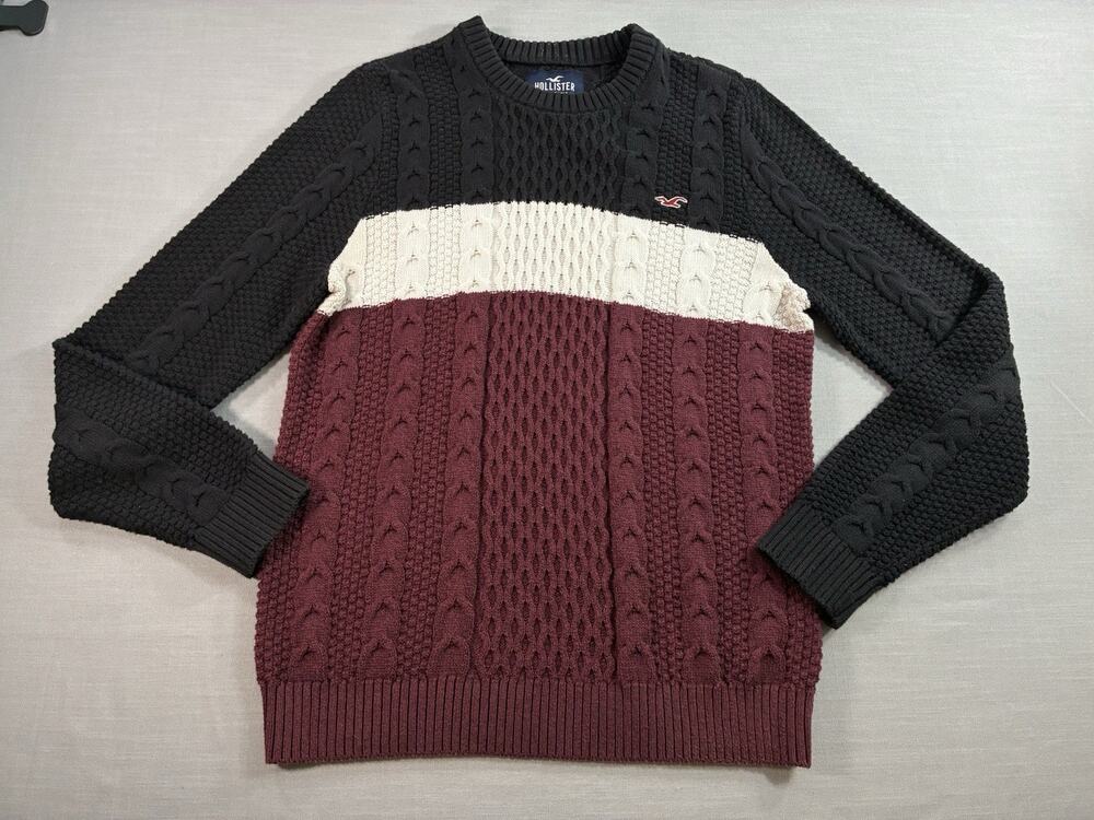 Hollister Mens Cable Knit Sweater Medium Colorblock Crewneck Black Burgundy